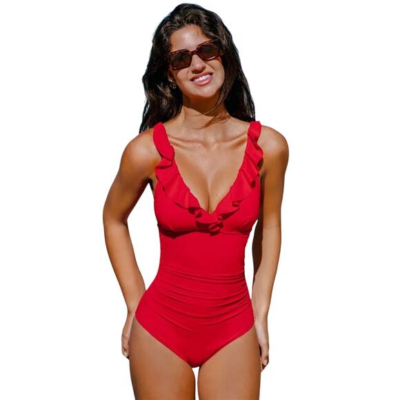 Cupshe Women's Tummy Control Ruffled V-neck One Piece Swimsuit Red Size Large - Picture 2 of 7